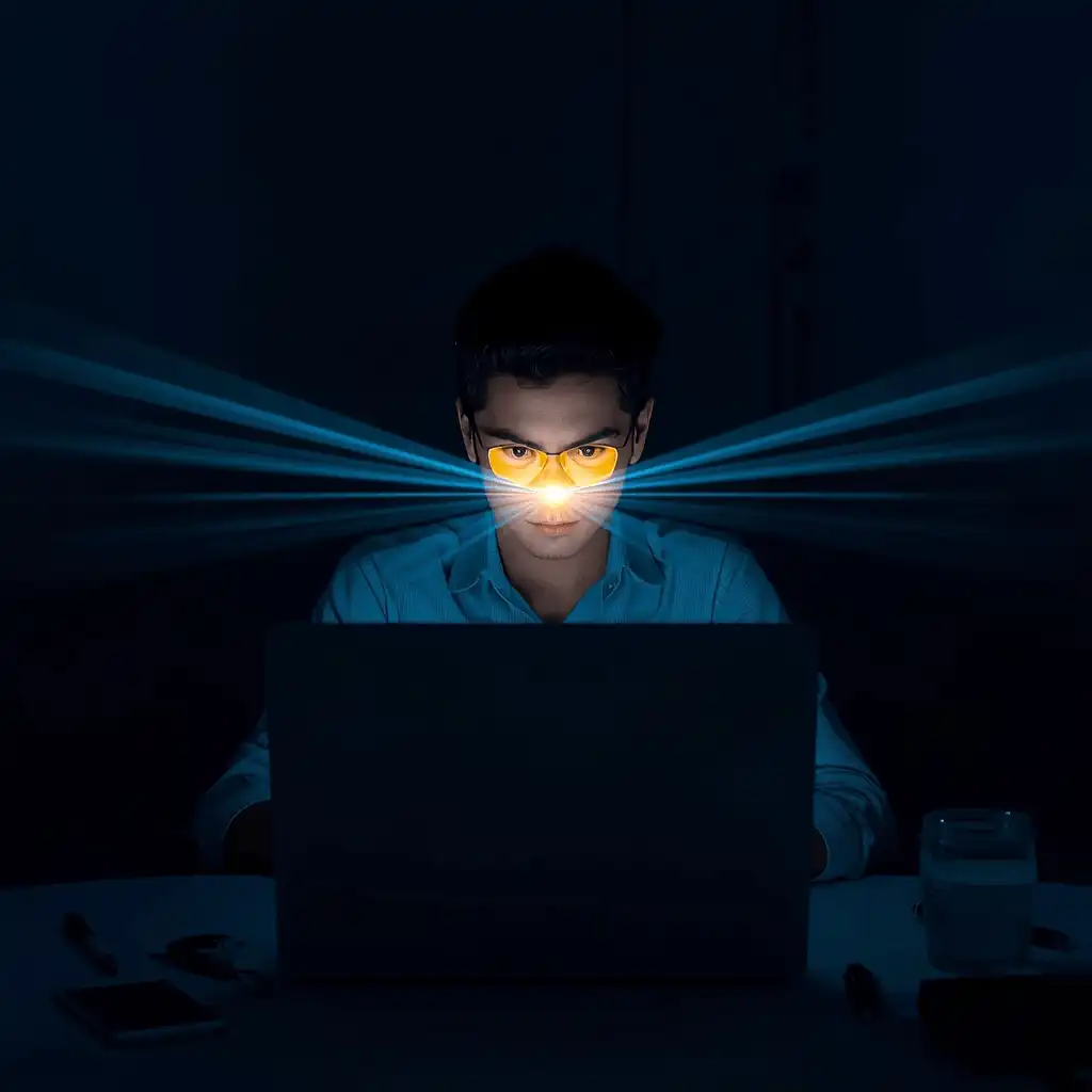 Remote worker using laptop with blue light protection shield