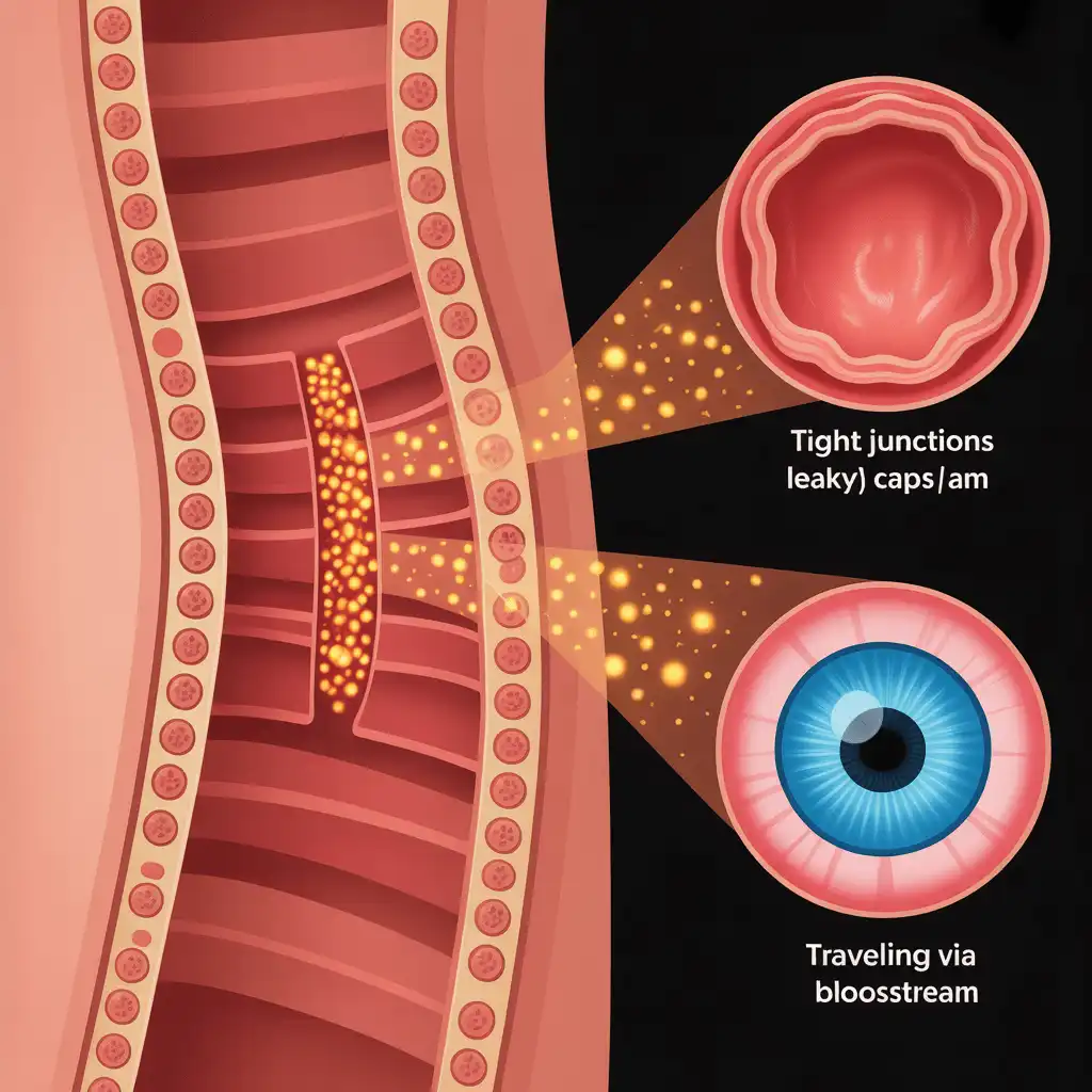Medical illustration showing the connection between a leaky gut wall and retinal inflammation