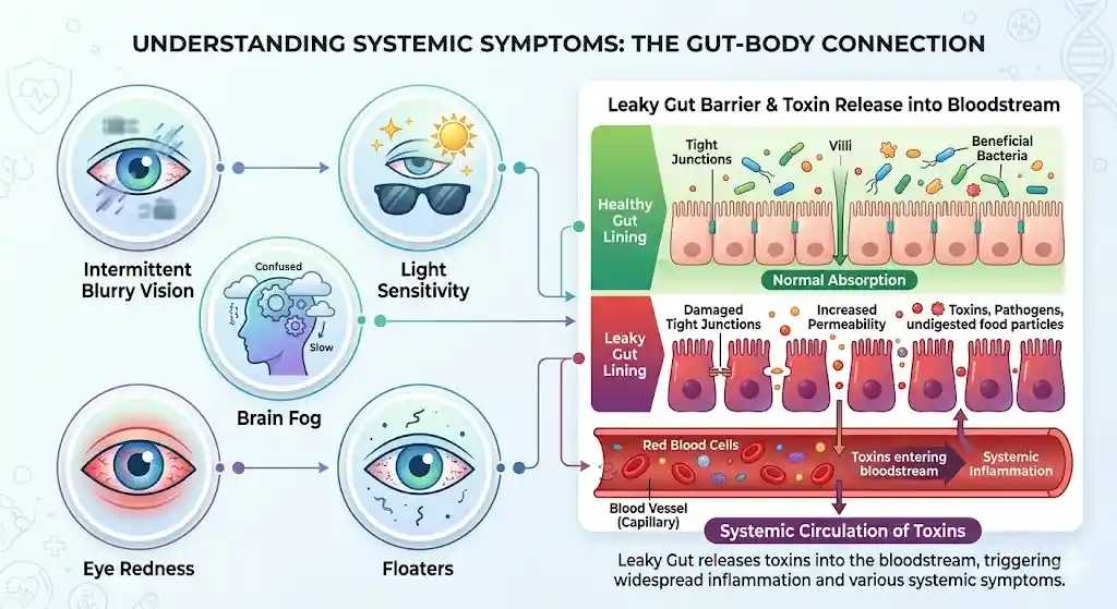 Diagram showing 5 symptoms of leaky gut affecting human vision